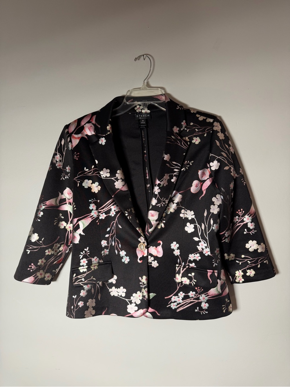 Black Floral-Print Women's Blazer with Pink Blossom Accents - Picture 8 of 8